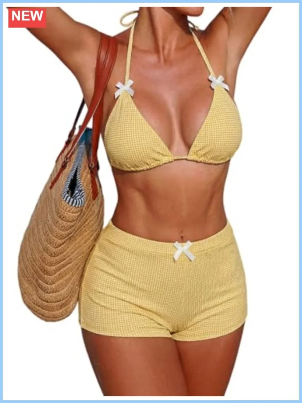 Women's Gingham Bikini Set with Shorts Adjustable Halter Triangle Swimsuit